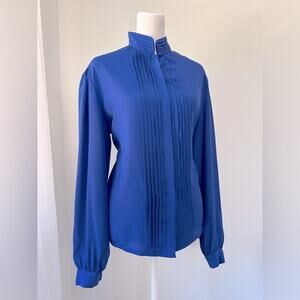 Vintage ‘80s Kristin by Kamari Klassics Blue Tuxedo Pleat Long Sleeve Blouse